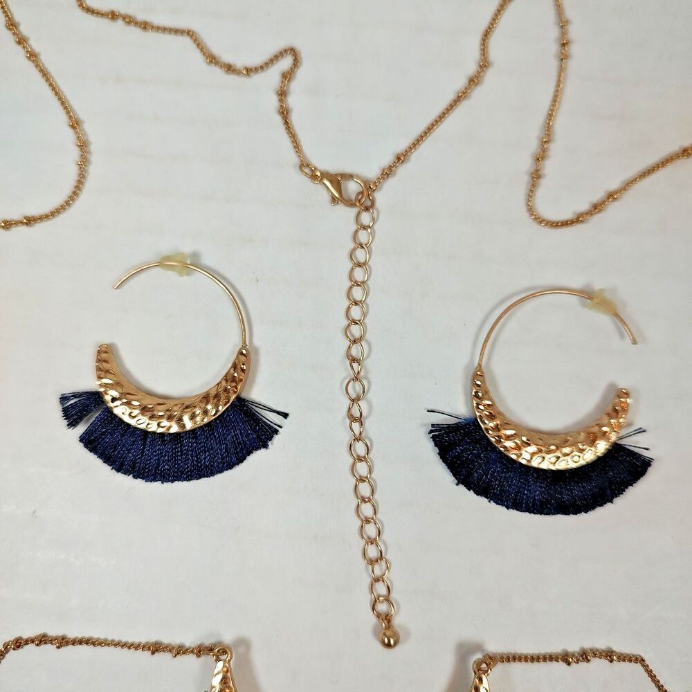 Gold Tone Hammered Metal Navy Blue Fringe Necklace 29" - 32" & Earrings Set - Picture 6 of 8